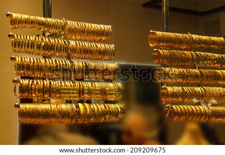 Gold bracelets and bangles  in goldsmith shops of the  Bazaar in  Bursa, Turkey
