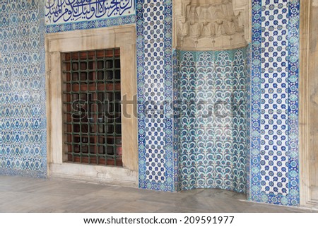 ISTANBUL - MAY 14, 2014 - Mosaics covering the outside walls  of the Rustem Pasha Mosque,  in Istanbul, Turkey