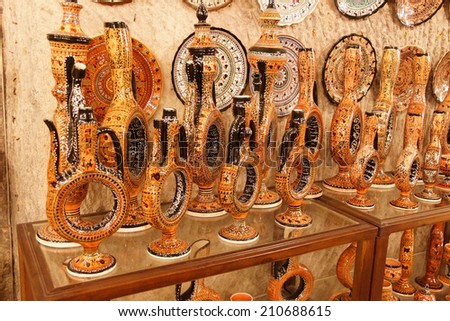 Hittite wine vessels on display in a pottery factory in  Avanos in Cappadocia,  Turkey