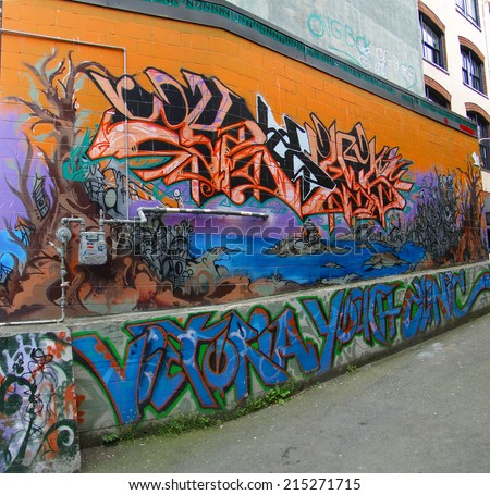 VICTORIA, BC - APR 9 - Urban graffiti murals brighten Old Town\'s alleys Old Town, on Apr 9, 2011 in Victoria, BC, Canada