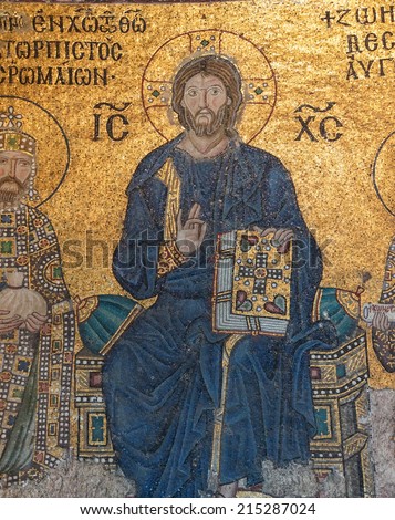 ISTANBUL, TURKEY - MAY 18, 2014 - Christ enthroned,  Byzantine mosaic in the gallery of  Hagia Sophia  in Istanbul, Turkey