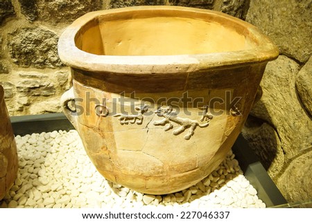 ANKARA, TURKEY - MAY 21, 2014 -   Terra cotta bath tub dÃ?Â?Ã?Â©corated with wild animals,  Museum of Anatolian Civilization,  Ankara, Turkey