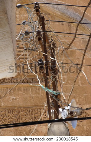 Tangled wires of illegal electrical connections  Mardin,  Turkey