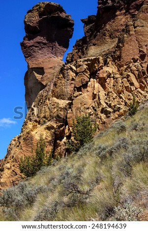 Monkey Face and the Smith Rock formation,  along the Crooked River at Smith Rock State Park, Central Oregon