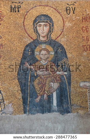 ISTANBUL, TURKEY - MAY 17, 2014 -Madonna and child, Byzantine mosaic in the gallery of Hagia Sophia,  in Istanbul, Turkey