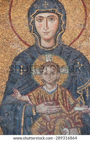 ISTANBUL, TURKEY - MAY 17, 2014 -Madonna and child, Byzantine mosaic in the gallery of Hagia Sophia,  in Istanbul, Turkey