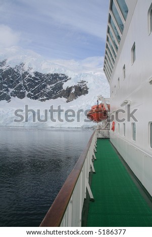 Life boat and cruise ship deck,twilight, with mountains & glaciers,		Neko Harbor, Andvord Bay,	Antarctica