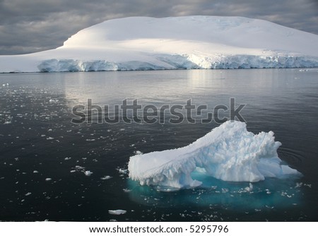 Icebergs and brash ice in calm seas, 		Lemaire Channel,	Antarctica