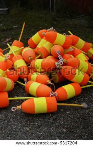 Lobster buoys, orange & yellow,			Mount Desert Island, Acadia National park, Maine, New England