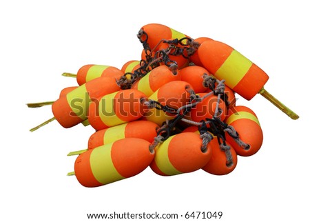 Lobster buoys, orange & yellow, isolated			Mount Desert Island, Acadia National park, Maine, New England