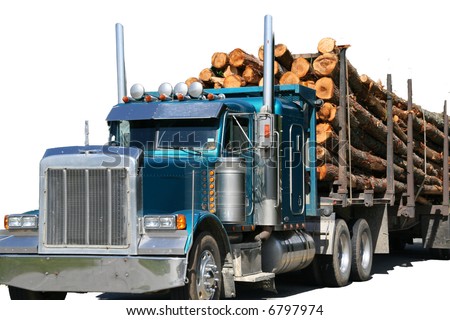 Logging truck on highway near		Skohegan	Maine Isolated on white.