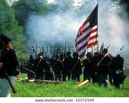 Union line preparing to fire, 		Civil War battle reenactment
