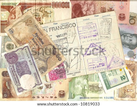 Old foreign currency from around the world with passport