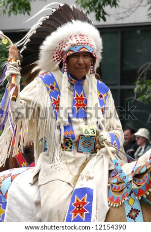 Plains Indian chief on horseback, 	Calgary Stampede Parade	Calgary	Alberta