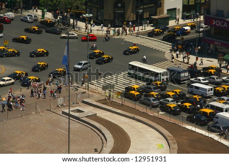 Rush hour traffic, taxis, aerial view,	Avenue of 9th July,	Buenos  Aires,	Argentina