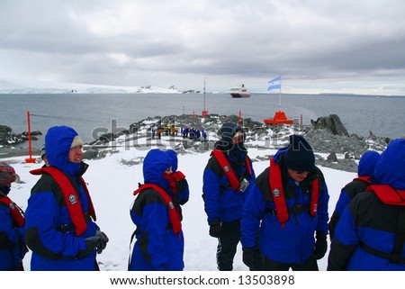 Cruise ship tourists visiting polar research station and colony,		Argentine Base Esperanza,	Antarctica
