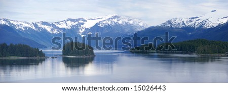 Panorama, Islands and conifer forests,		Inside Passage, 	Alaska