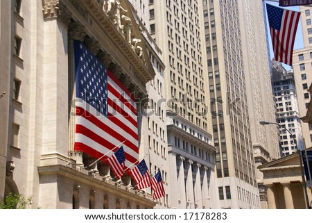 New York Stock Exchange, draped with American flags, Wall Street, financial district,			New York City