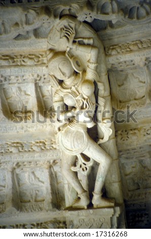 Intricate marble sculptures of gods, apsaras and dancers,	Jain temple,	Ranakpur,	India,Asia