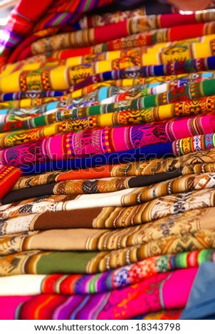 Colorful handmade blankets& tablecloths,	Pisac market, 	Cusco,	Peru, South America