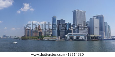 Panorama, New York Skyline,	from Staten Island Ferry,	Lower Manhattan, Financial District,	New York City