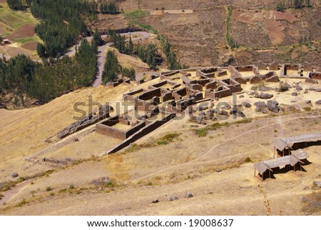 Terraced Inca fields and ruins of village, 	Pisac market, 	Cusco,	Peru, South America