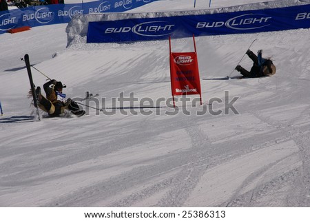 STEAMBOAT SPRINGS COLORADO - January 20: Cowboy losing control on ski slope and falling, Cowboy Downhill, Steamboat Springs Colorado, Rocky Mountains on January 20, 2009