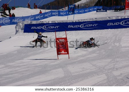 STEAMBOAT SPRINGS COLORADO - January 20: Cowboy losing control on ski slope and falling, Cowboy Downhill, Steamboat Springs Colorado, Rocky Mountains on January 20, 2009