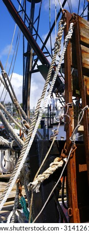 Boat rigging, block & tackles and rope lines,   Newport, Oregon Coast