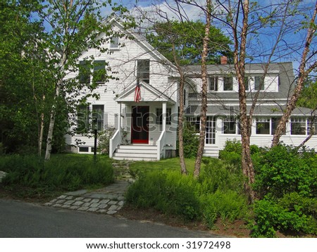 White New England house on tree lined street, Mount Desert Island, Acadia National Park,  Maine