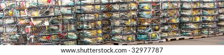 Panorama - crab floats, and crab traps, drying on wharf,e,  Newport, Oregon Coast