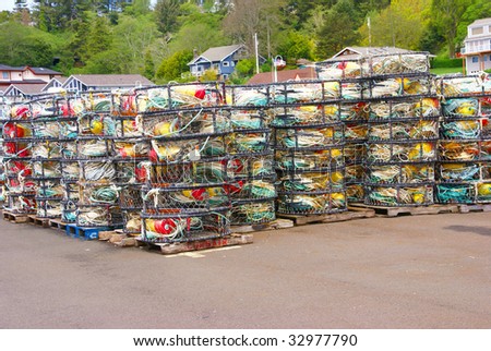 Crab floats, and crab traps, drying on wharf,e,  Newport, Oregon Coast