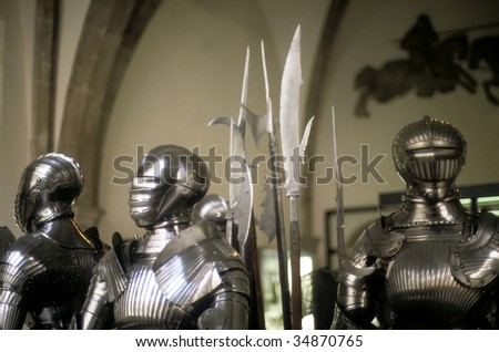 Armor of medieval knights on display in museum, 		Munich	Germany, Europe