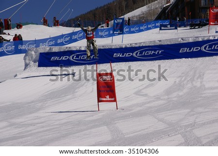 STEAMBOAT SPRINGS, COLORADO - JANUARY 20 :  Skiing cowboy hits the jump Cowboy Downhill January 20, 2009 in Steamboat Springs Colorado, Rocky Mountains, Colorado.