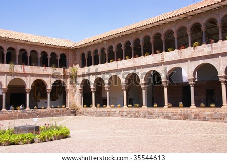 Spanish Colonial cloister courtyard,  Inca temple of the sun (Koricancha / Qorikancha) Cusco,  Peru, South America