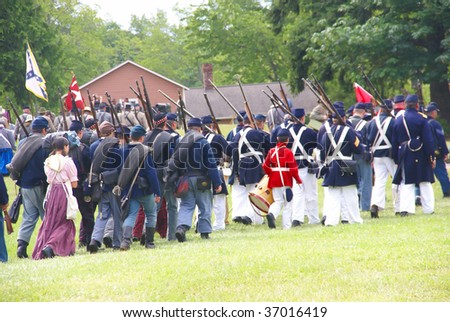 PORT GAMBLE, WA - JUNE 20 :Union Civil War reenactors march during a mock battle June 20, 2009 in Port Gamble, WA.