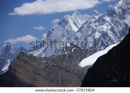 Steep snow faces on Andes mountain,  Cordillera Huayhuash, Andes,  Peru, South America