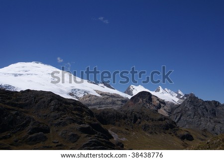 Leon Huscaran, snow covered volcano in the Cordillera Ruara   Andes, Peru, South America