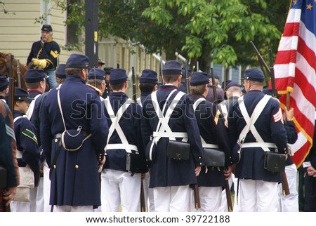 PORT GAMBLE, WA - JUNE 20 : Union infantry column waits for action before a mock Civil War battle on June 20, 2009 in Port Gamble, WA.