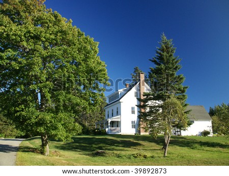 New England white house with porch,  Manset, Mount Desert Island, Acadia National park, Maine, New England