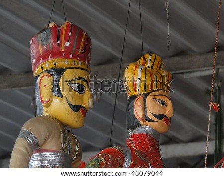 Puppets and marionettes of Rajput princes  in Udaipur marketplace,  Rajasthan,  India, Asia
