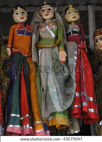 Puppets and marionettes of Rajput princes  in Udaipur marketplace,  Rajasthan,  India, Asia