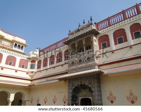 Pink walled inner buildings of  City Palace of  Jaipur, Rajasthan,  India