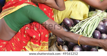Woman in red sari sells eggplants   on Nov 11, 2009,  in Chatikona market, Orissa, India