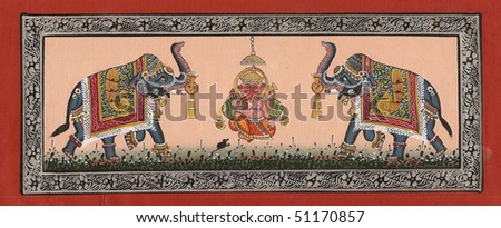 Elephants miniature painting on silk from India