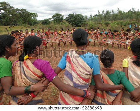 ORISSA,  INDIA - Nov 12 -Tribal women link arms for Gdaba harvest dance on Nov 12, 2009, in Lamptaput, Orissa, India