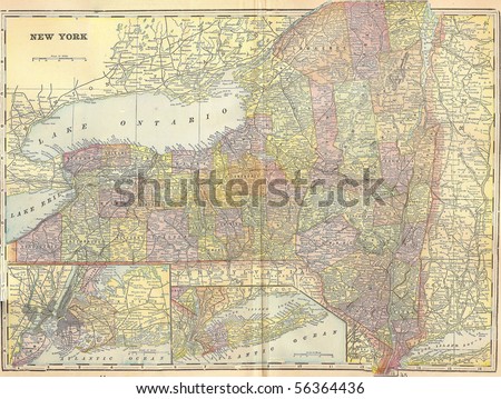Vintage 1896 map of New York state; out of copyright