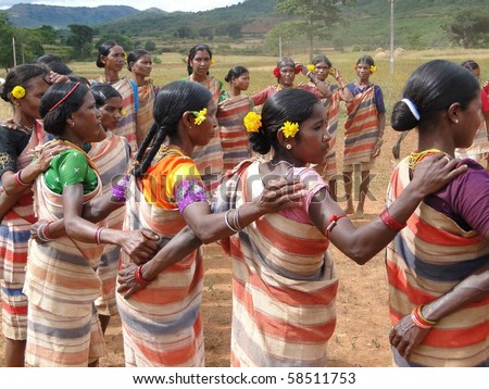 ORISSA,  INDIA - Nov 12 -Village women form a circle for Gdaba harvest dance on Nov 12, 2009, in Lamptaput, Orissa, India