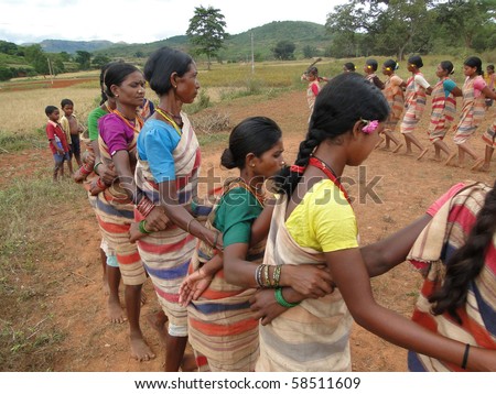 ORISSA,  INDIA - Nov 12 -Village women form a circle for Gdaba harvest dance on Nov 12, 2009, in Lamptaput, Orissa, India