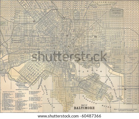 Vintage 1891 map of the city of Baltimore, Maryland; out of copyright